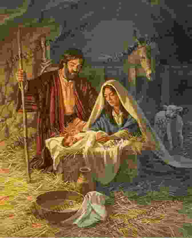 A Beautiful Painting Of The Nativity Scene, With Mary And Joseph Gazing Lovingly At The Newborn Jesus In A Humble Stable. Jesus Born In A Stable