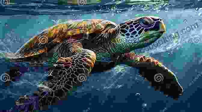 A Turtle Swims Freely Through The Blue Waters. The Fisherman And The Turtle